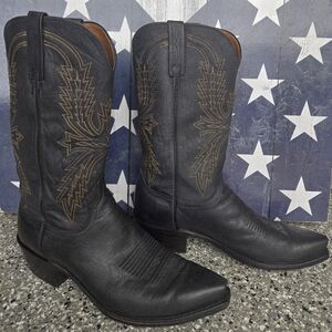 Lucchese Black Leather Western Cowboy Boots with Brown Stitching